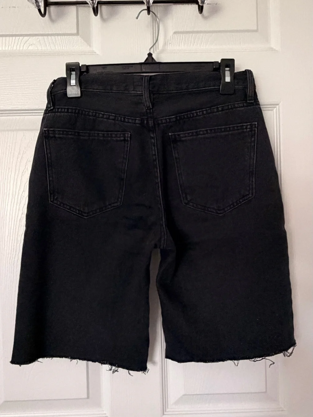 High-Rise Black Frayed Hem Denim Bermudas